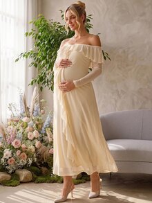 Loomaby Maternity Ruffle Ruffle Casual Party Dress Dress Gender Reveal Dress Maternity Dress Baby Shower Dress Fall - Apricot - View 15