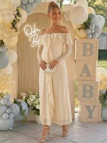 Loomaby Maternity Ruffle Ruffle Casual Party Dress Dress Gender Reveal Dress Maternity Dress Baby Shower Dress Fall - Apricot - View 4