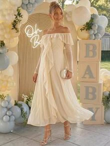 Loomaby Maternity Ruffle Ruffle Casual Party Dress Dress Gender Reveal Dress Maternity Dress Baby Shower Dress Fall - Apricot - View 2