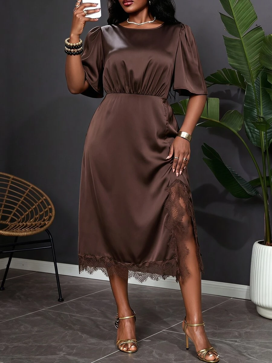 Chikora Plus Size Women Lace Patchwork Split Design Casual Party Dress - Brown - View 1