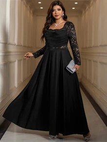 Reflora Plus Size Women's Lace Patchwork Pleated Fashion Party Formal Wedding Guest Dress Autumn Black Casual Elegant - Apricot - View 8