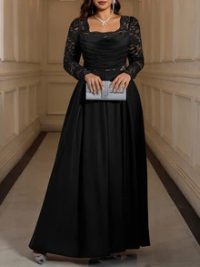 Reflora Plus Size Women's Lace Patchwork Pleated Fashion Party Formal Wedding Guest Dress Autumn Black Casual Elegant - Apricot - View 9