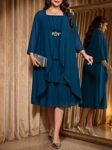 Reflora Plus Size Women's Solid Color 3/4 Sleeve Cardigan And Spaghetti Strap Dress Elegant Casual Set Autumn Wedding Cocktail Evening Formal Party Teal - Multicolor - View 12