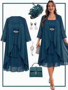 Reflora Plus Size Women's Solid Color 3/4 Sleeve Cardigan And Spaghetti Strap Dress Elegant Casual Set Autumn Wedding Cocktail Evening Formal Party Teal - Multicolor - View 3