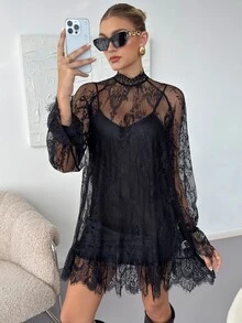 Reflora Plus Size Women's Lace Stand Collar Long Sleeve Fashion Dress With Camisole Dress - Black - View 9