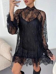 Reflora Plus Size Women's Lace Stand Collar Long Sleeve Fashion Dress With Camisole Dress - Black - View 8