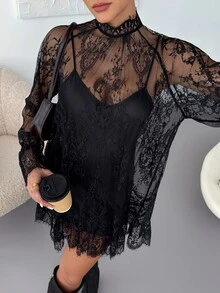 Reflora Plus Size Women's Lace Stand Collar Long Sleeve Fashion Dress With Camisole Dress - Black - View 3
