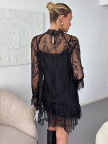 Reflora Plus Size Women's Lace Stand Collar Long Sleeve Fashion Dress With Camisole Dress - Black - View 2