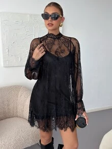Reflora Plus Size Women's Lace Stand Collar Long Sleeve Fashion Dress With Camisole Dress - Black - View 5