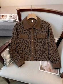 SHEIN LUNE 大尺碼女款豹紋休閒百搭日常外套 秋季 棕色 - 咖啡棕 - 查看 1
