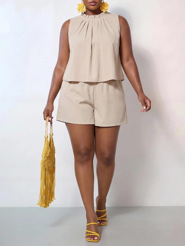 Zivah Beige Summer Smart Casual Everyday Plus Size Sleeveless O-Neck Blouse And Shorts Two Pieces Set Women's Vacation Outfit Commuting Work Clothes Curve - Apricot - View 1
