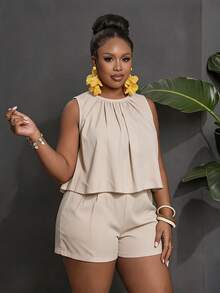 Zivah Beige Summer Smart Casual Everyday Plus Size Sleeveless O-Neck Blouse And Shorts Two Pieces Set Women's Vacation Outfit Commuting Work Clothes Curve - Apricot - View 8