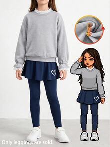 SHEIN 青少年女孩緊身褲，休閒可愛寬鬆優雅裙褲二合一蝴蝶結圖案，適合春夏秋穿著，學校體育課海軍藍 - 藏蓝色 - 查看 5