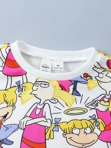 Nick 90s | SHEIN 2件組小女孩 Nick 90年代趣味卡通印花長袖運動衫與喇叭褲套裝，亮粉色休閒套頭上衣套裝，適合學校冬季穿著 - 彩色 - 查看 4
