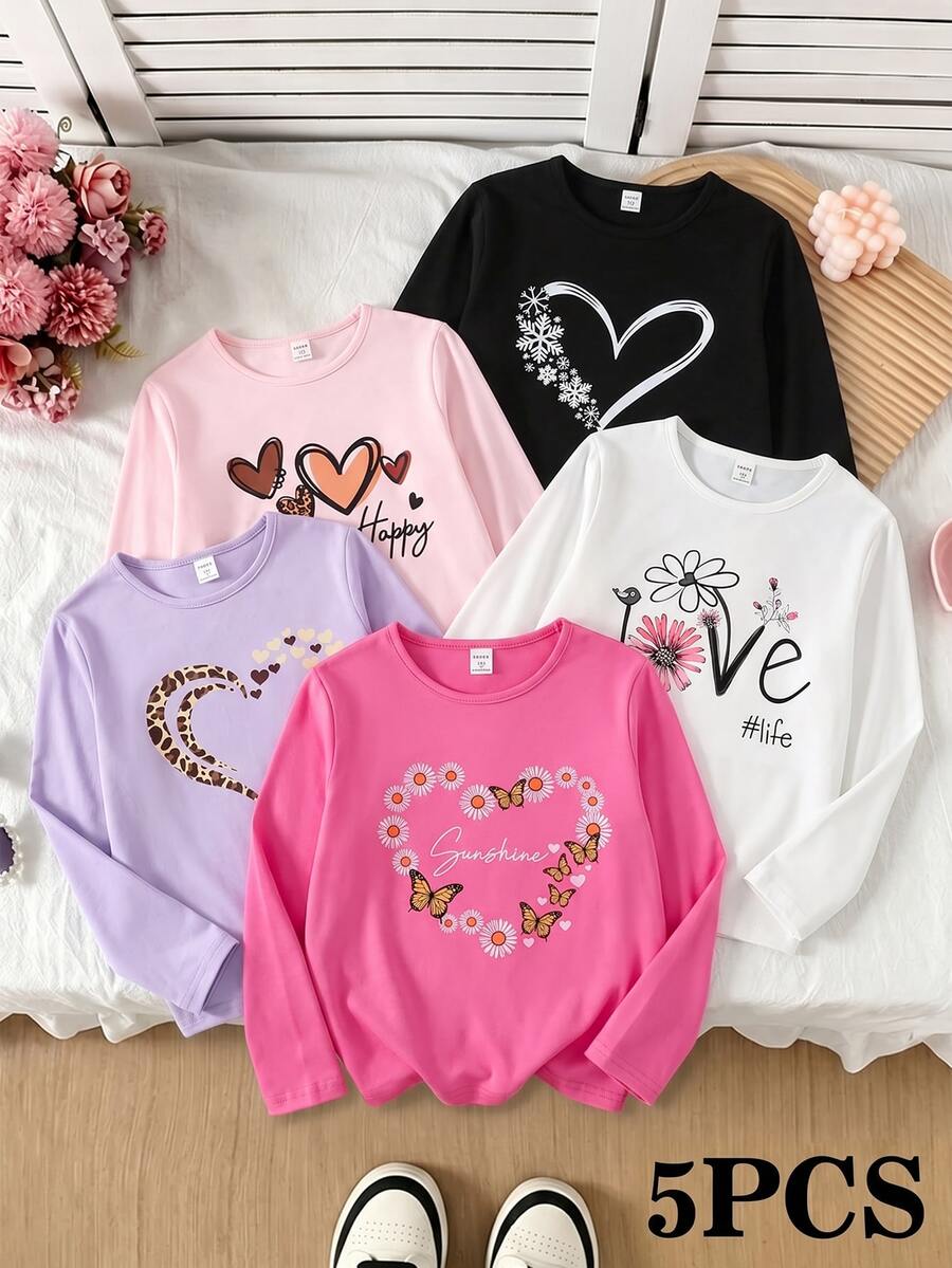 Tween Girls Fall Cartoon Graphic Sweatshirts 5 Pcs, Long Sleeve Crew Neck Casual School Tops, 8-12 Years - Multicolor - View 1