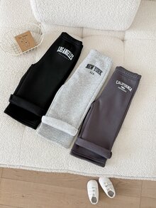 SHEIN Playful Pals 3件組女嬰舒適休閒格紋寬腿褲，適合春/冬日常穿著 - 彩色 - 查看 3