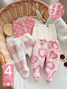 4件組新生女嬰連腳褲 甜美可愛 粉色白色波點愛心格紋 絨毛加厚 適合冬季聖誕節萬聖節芭蕾運動穿著 - 彩色 - 查看 4
