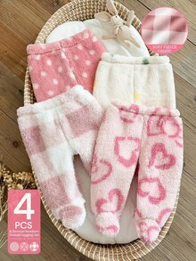 4件組新生女嬰連腳褲 甜美可愛 粉色白色波點愛心格紋 絨毛加厚 適合冬季聖誕節萬聖節芭蕾運動穿著 - 彩色 - 查看 1