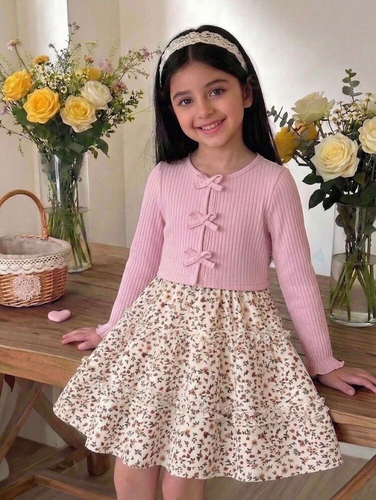 SHEIN 2pcs/Set Young Girl Outerwear Co-Ords Pink White Color Long Cardigan And Ditsy Floral Camisole Dress Nursery Birthday Winter - Pink - View 1