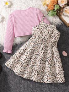 SHEIN 2件組女孩外套套裝 粉色與白色長版開襟衫搭配碎花細肩帶洋裝 幼兒生日冬季穿著 - 粉色 - 查看 2