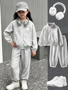 SHEIN Genkimix Kids 少女豹紋立領拉鍊外套兩件套，羅紋袖口與下擺，附長褲，適合上學、外出、拍照，秋冬穿著 - 灰色 - 查看 4