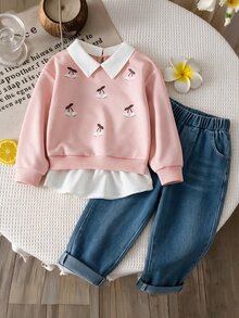 SHEIN Girls' New 2 In 1 Sweatshirt Shirt With Turn-Down Collar Loose Fit - Dusty Pink - View 2