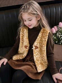 SHEIN Elladie kids سترة فستان طويلة من الفرو بتدرج نمر أنيق بياقة على شكل حرف V للفتيات الصغيرات - بني - مشاهدة 4