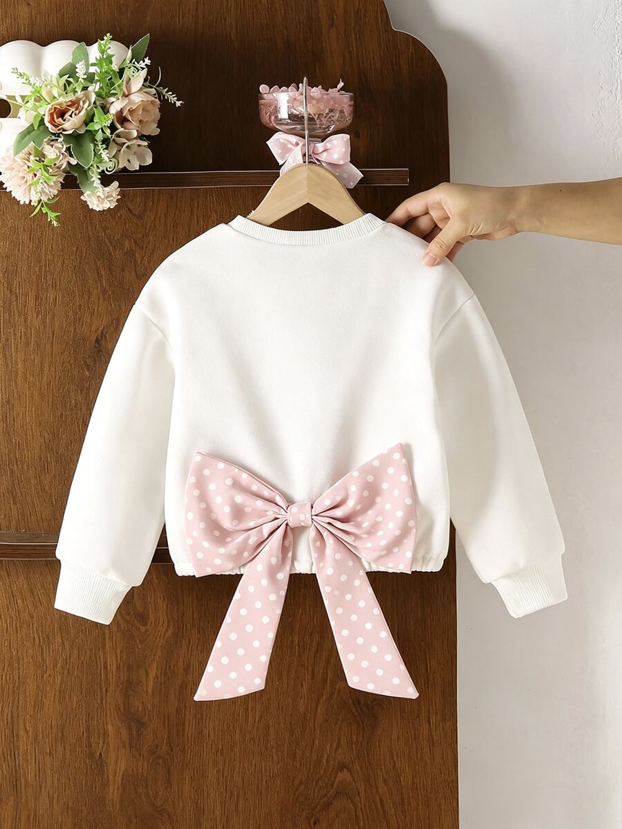 SHEIN Elladie kids 女童蝴蝶結裝飾休閒仙女公主風日常長袖衛衣 嬰兒洗禮/生日 白色 秋季