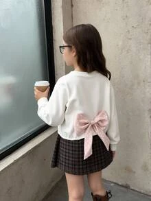 SHEIN Elladie kids 女童蝴蝶結裝飾休閒仙女公主風日常長袖衛衣 嬰兒洗禮/生日 白色 秋季 - 粉色 - 查看 9