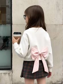 SHEIN Elladie kids 女童蝴蝶結裝飾休閒仙女公主風日常長袖衛衣 嬰兒洗禮/生日 白色 秋季 - 粉色 - 查看 4