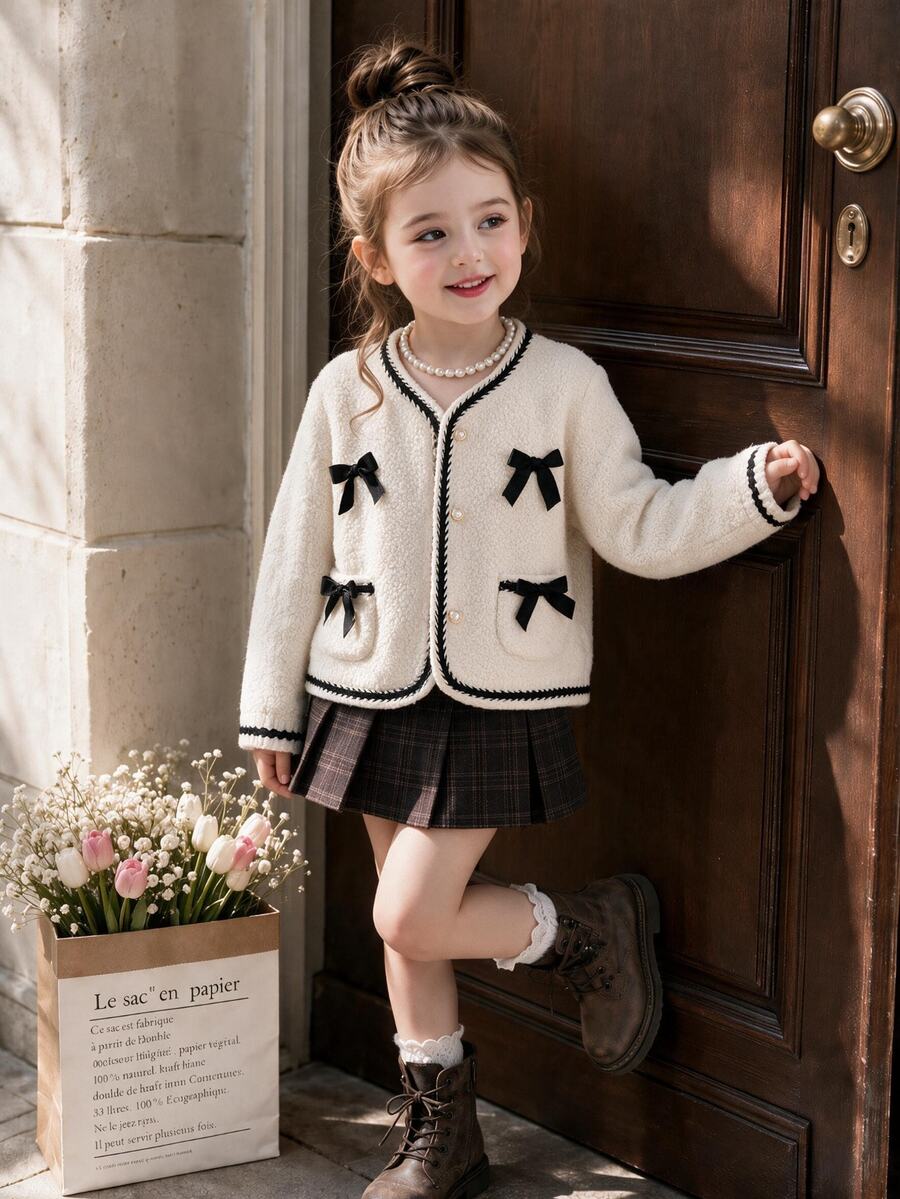Young Girls Elegant Sweet Bow Decor Pearl Button Tweed Plush Coat Fall Winter