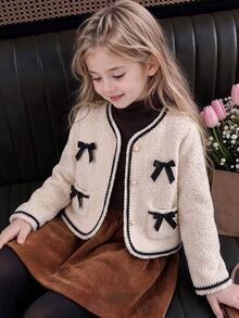 Young Girls Elegant Sweet Bow Decor Pearl Button Tweed Plush Coat Fall Winter - White - View 4