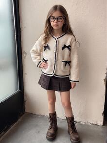 Young Girls Elegant Sweet Bow Decor Pearl Button Tweed Plush Coat Fall Winter - White - View 5