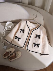 Young Girls Elegant Sweet Bow Decor Pearl Button Tweed Plush Coat Fall Winter - White - View 7