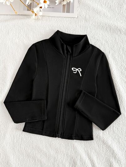SHEIN Elladie kids Young Girls Black Fitted Knit Long Sleeve Zip Up Jacket, Young Girl Stretchy T Shirt Stand-Neck Activewear