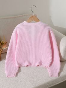 Girls (Large) Cardigan, Long Sleeve Ribbed Knit Sweater In Pink, Suitable For Spring, Autumn, Winter, Pairs With Jeans, Outerwear, Cotton Coats - Pink - View 2