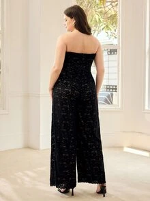 MOTF PREMIUM MONO DE TUBO DE PIERNA ANCHA CON BOLSILLO SESGADO, SUPERPOSICIÓN DE ENCAJE Y CINTURÓN PARA TALLAS GRANDES - Negro - Ver 3