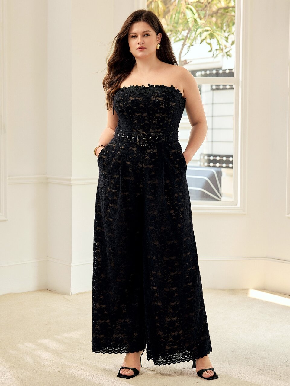 MOTF PLUS SIZE LACE OVERLAY SLANT POCKET WIDE LEG TUBE JUMPSUIT WITH BELT