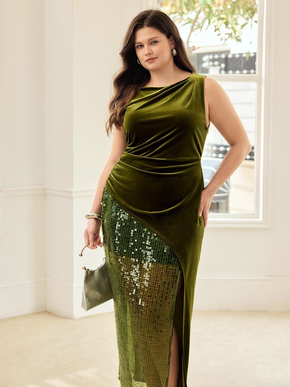MOTF PLUS SIZE VELVET PATCHWORK SEQUIN WAIST ELEGANT LONG DRESS