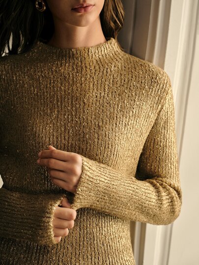 MOTF PREMIUM ELEGANT SEXY WOMEN'S AUTUMN/WINTER PULLOVER SWEATER WITH METALLIC LUSTER TEXTURED COATING CHRISTMAS NIGHT METALLIC GOLD
