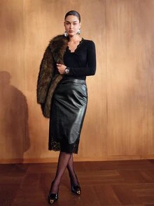 MOTF PREMIUM WOMEN'S PU & CONTRAST LACE SKIRT - Black - View 8