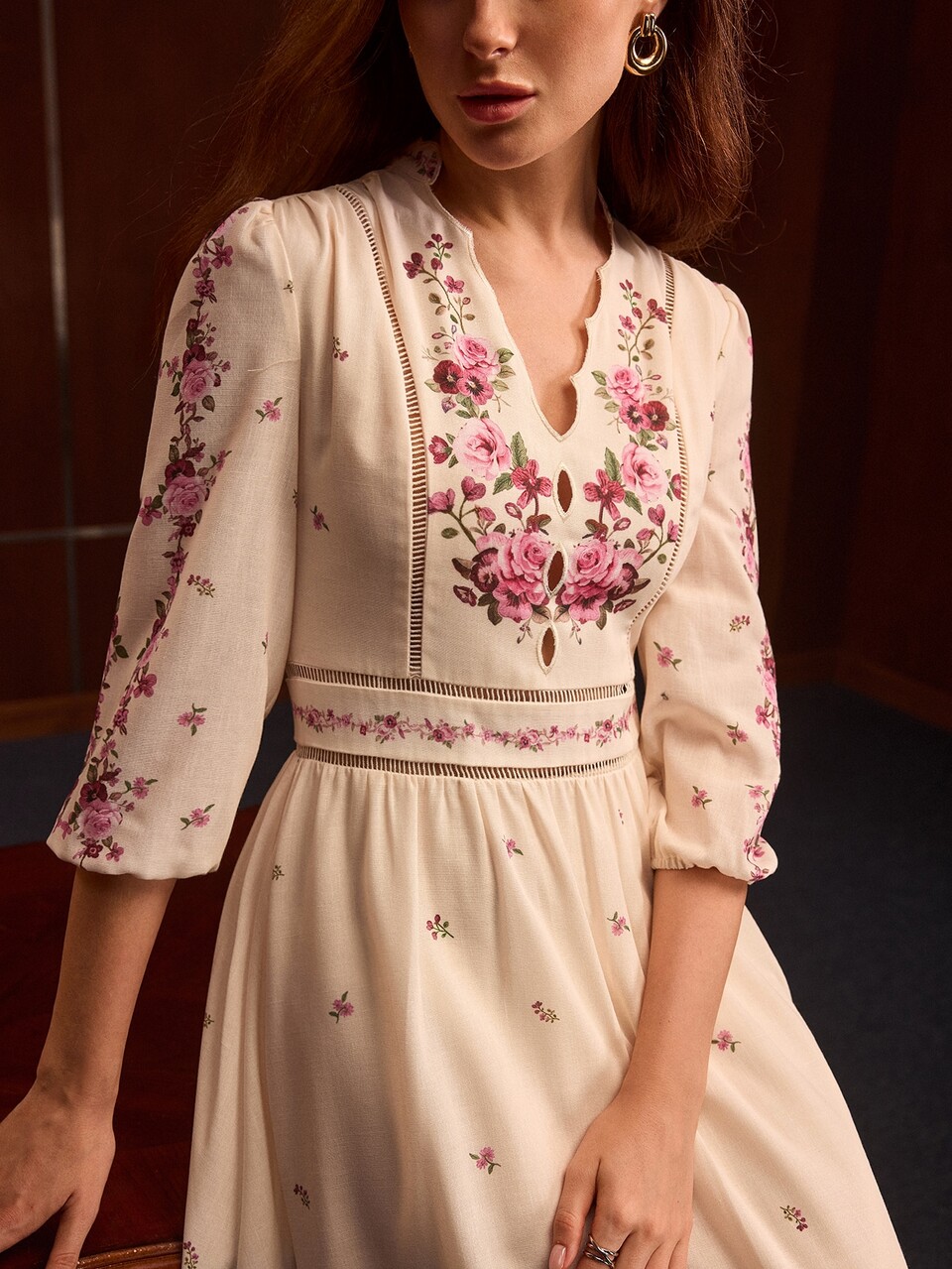 MOTF ELEGANT FLORAL PRINT PATCHWORK LACE TRIM WOMEN'S LONG DRESS