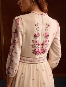 MOTF PREMIUM GAUN PANJANG WANITA ELEGAN DENGAN MOTIF BUNGA DAN HIASAN RENDA PATCHWORK - Berwarna merah muda - View 1