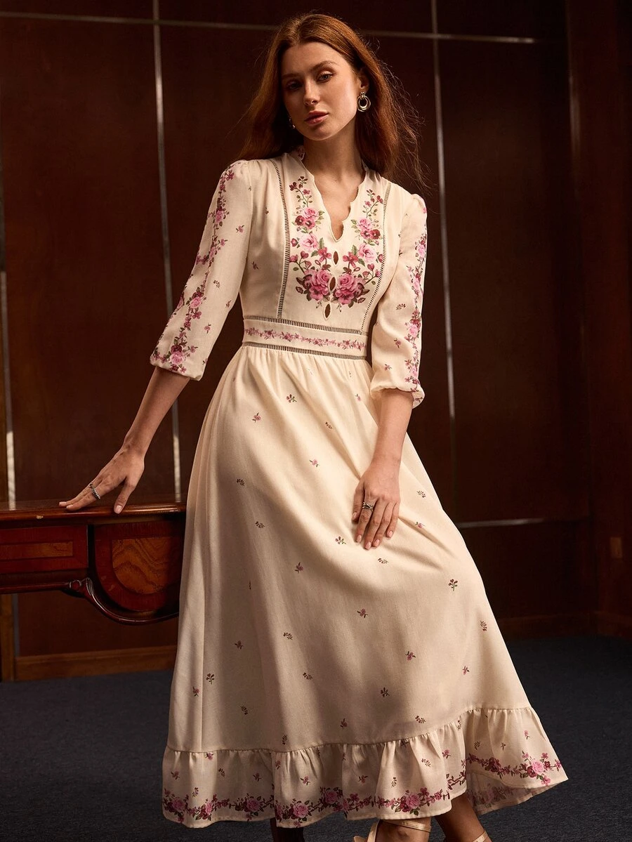 MOTF PREMIUM ELEGANT FLORAL PRINT PATCHWORK LACE TRIM WOMEN'S LONG DRESS - Pink - View 2