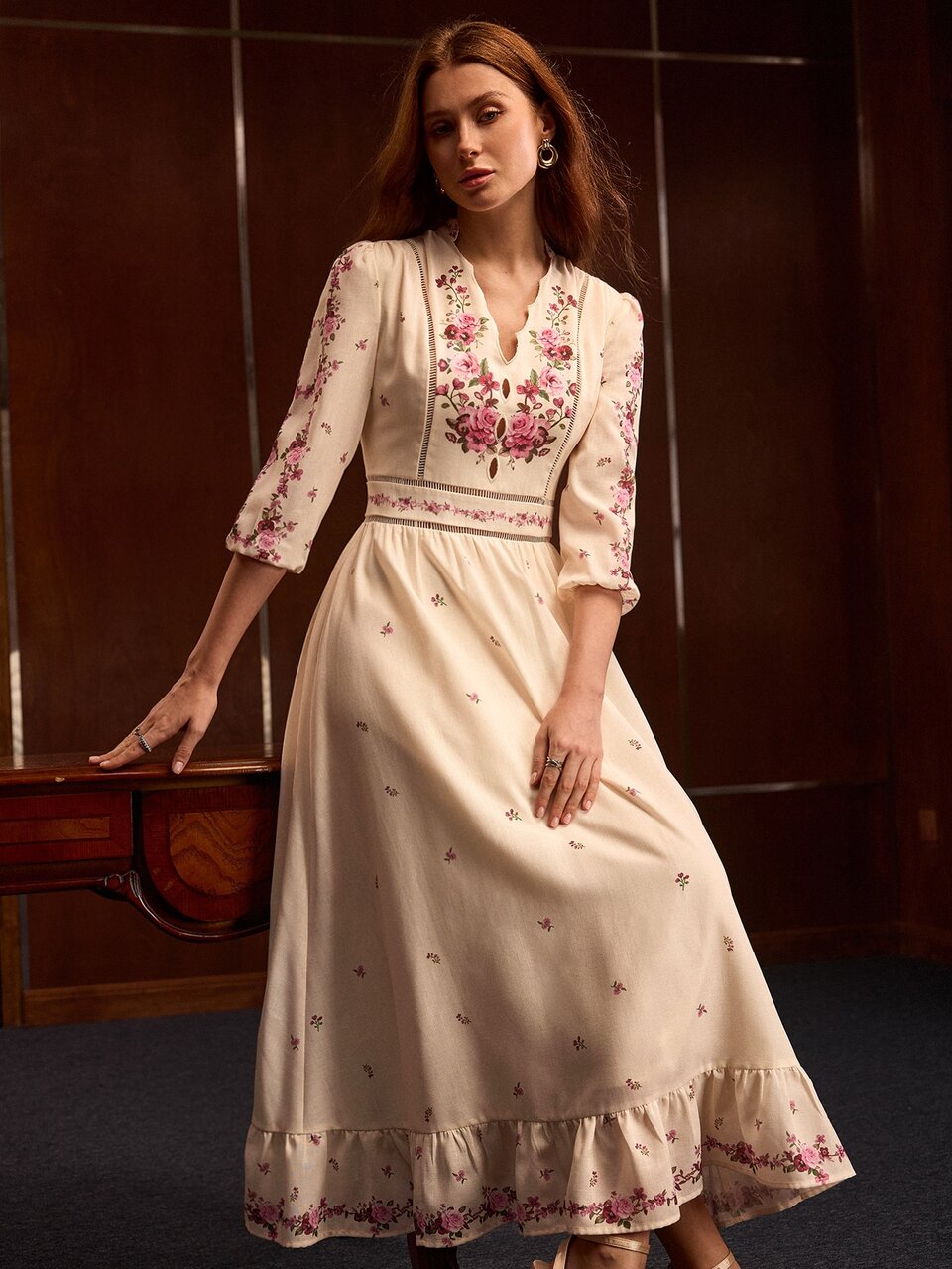 MOTF ELEGANT FLORAL PRINT PATCHWORK LACE TRIM WOMEN'S LONG DRESS