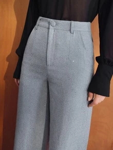 MOTF PREMIUM FASHIONABLE ELEGANT VERSATILE SLIMMING COMMUTE RELAXED FIT LOOSE SEQUIN FABRIC STRAIGHT LEG WOMEN'S SUIT PANTS - Grey - View 5
