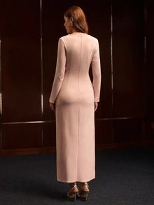 MOTF PREMIUM GAUN PANJANG WANITA WARNA POLOS DENGAN LIPITAN DI PINGGANG - Baby Pink - View 4