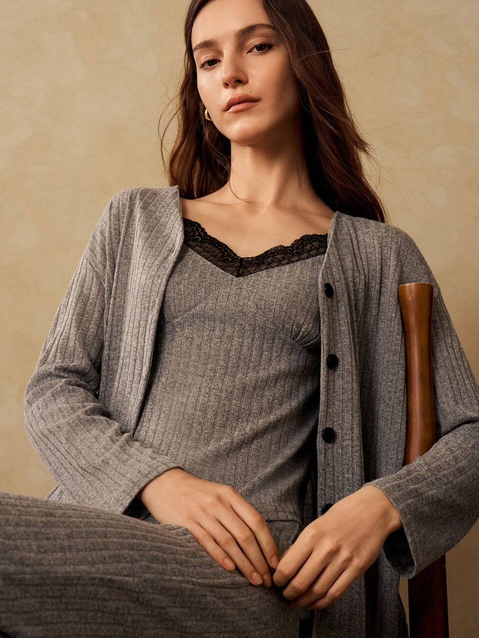 MOTF WOMEN'S MINIMALIST CONTRAST LACE RIBBED PAJAMA SET