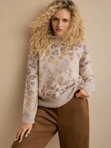 MOTF PREMIUM WOMEN'S LEOPARD PATTERN VINTAGE DROPPED SHOULDER LOOSE SWEATER - Khaki - View 5