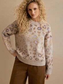 MOTF PREMIUM WOMEN'S LEOPARD PATTERN VINTAGE DROPPED SHOULDER LOOSE SWEATER - Khaki - View 4